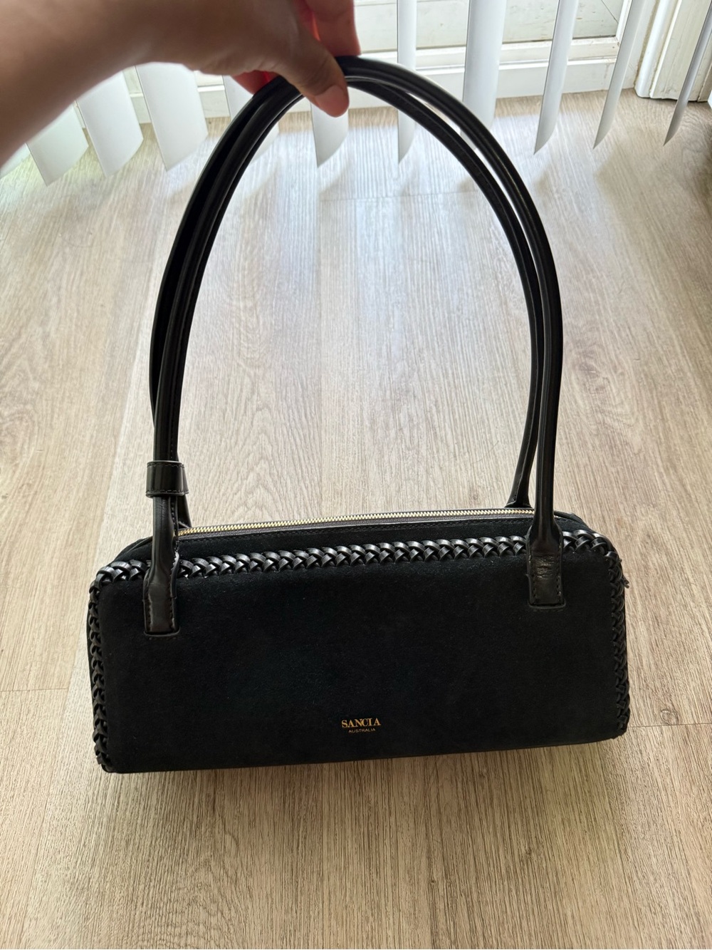 sancia the kotli black 100% suede leather baguette shoulder purse handbag bag